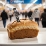 Loaf of bread sits on Walmart shelf with razor blades embedded in crust and warm light highlighting detail.