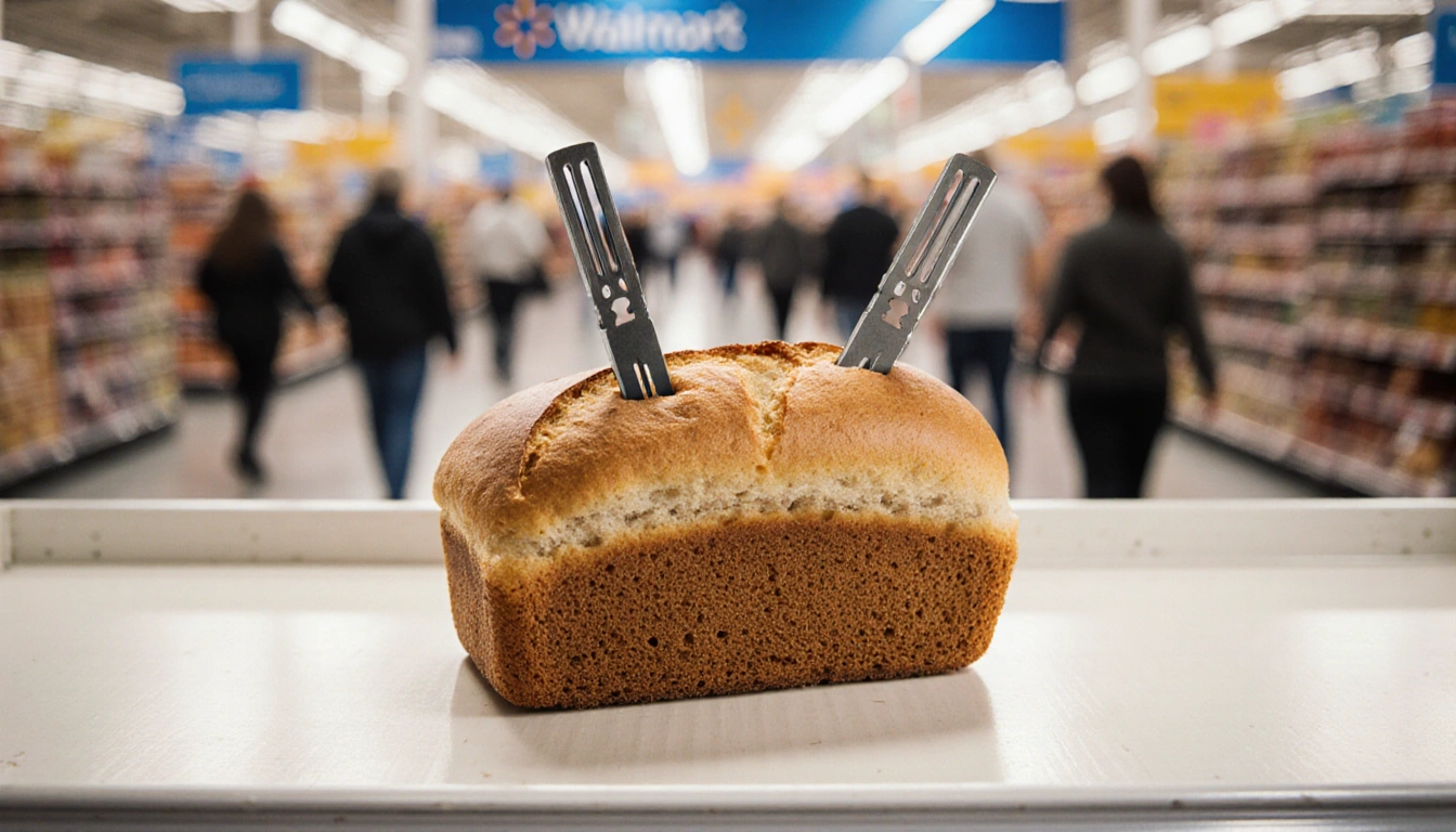 Loaf of bread sits on Walmart shelf with razor blades embedded in crust and warm light highlighting detail.