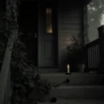 Single black-edged rose lies abandoned on a dimly lit porch railing with morning fog creeping up stone steps.