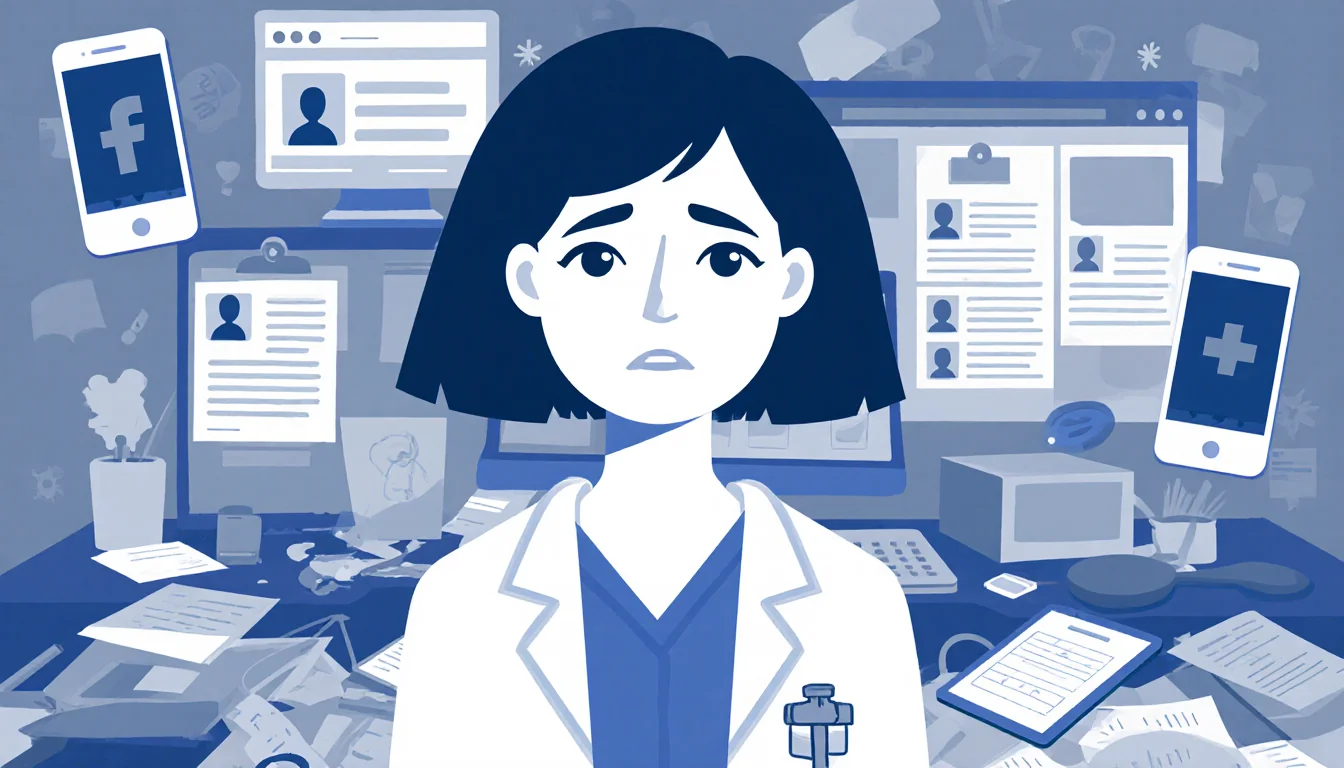 Doctor Briana Calcagno‑Davi stands before desk with screens social media profiles expressing concern about misinformation