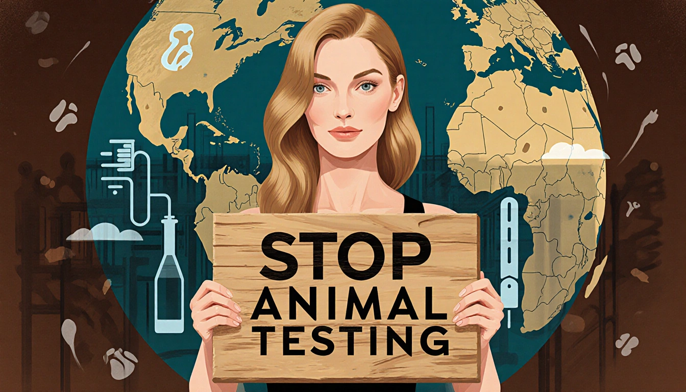 Brigitte Bardot standing beside stylized globe holding wooden sign Stop Animal Testing with blurred laboratory background