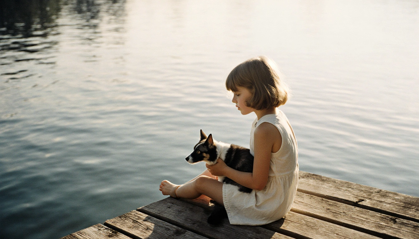 Young Brigitte Bardot sits on a wooden dock with a small pet cat and soft water ripples