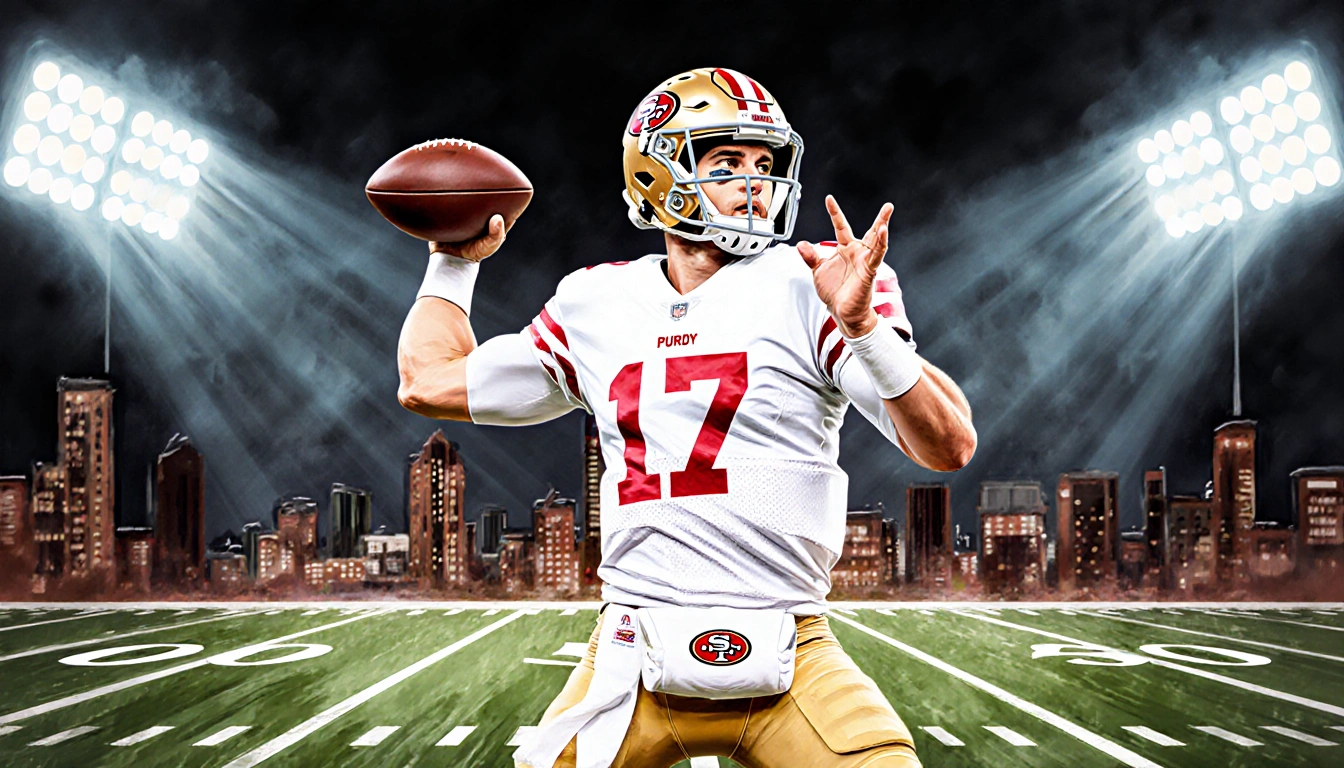 Brock Purdy quarterback throwing football with confident gaze while night stadium lights glow over blurred city backdrop