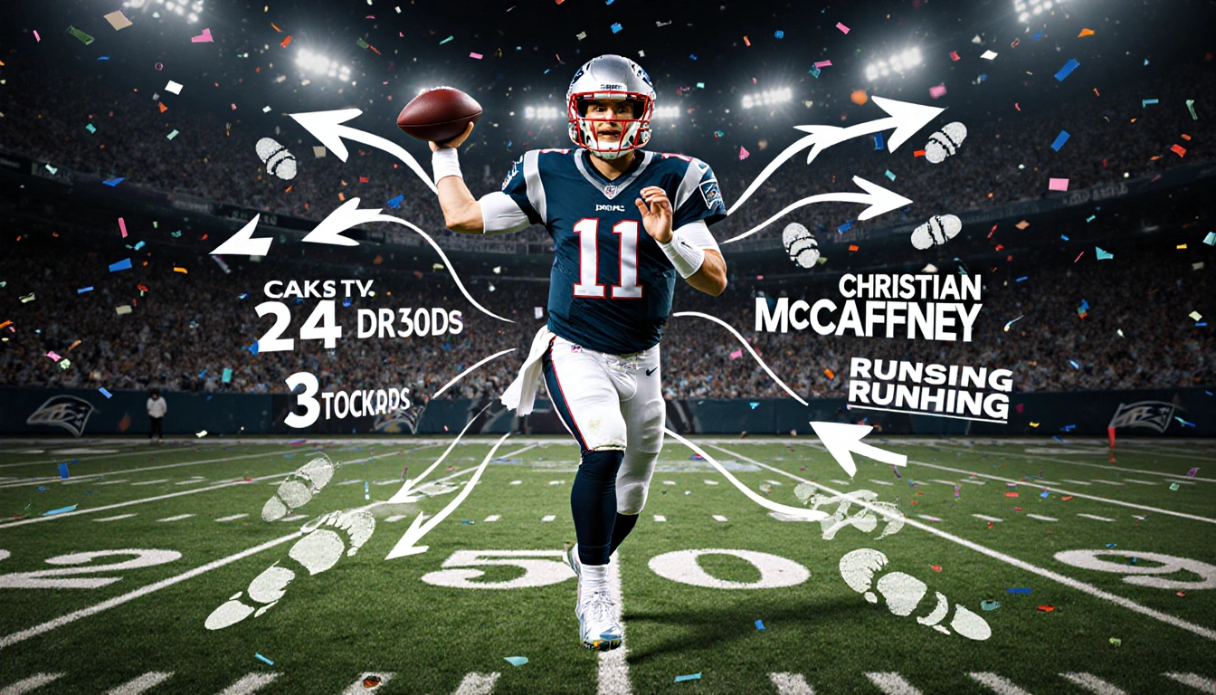 Brock Purdy on field with ball and arrows showing touchdowns while split-screen displays Christian McCaffrey receiving yards.