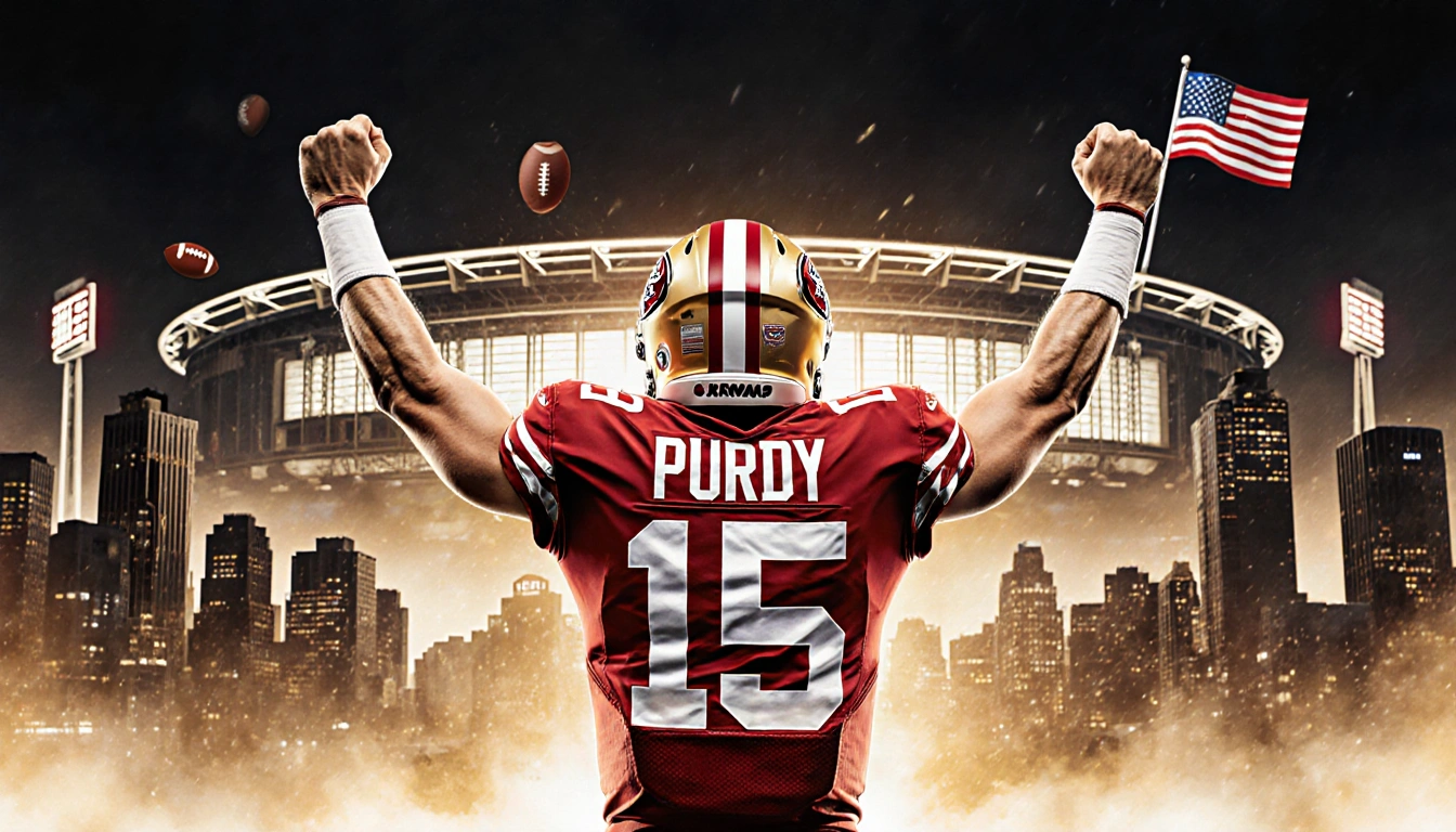 Brock Purdy raises arms with jersey 15 standing before a blurred San Francisco skyline and Levi's Stadium