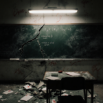 Shattered chalkboard fragments scatter on classroom floor with lipstick and flickering light.
