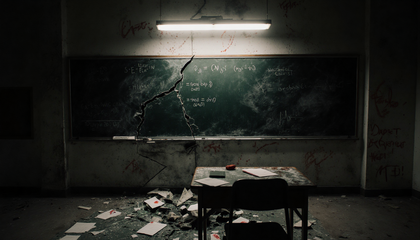 Shattered chalkboard fragments scatter on classroom floor with lipstick and flickering light.