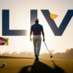 Brooks Koepka walking away from LIV Golf logo with golf ball and club toward horizon and flag trampled behind him