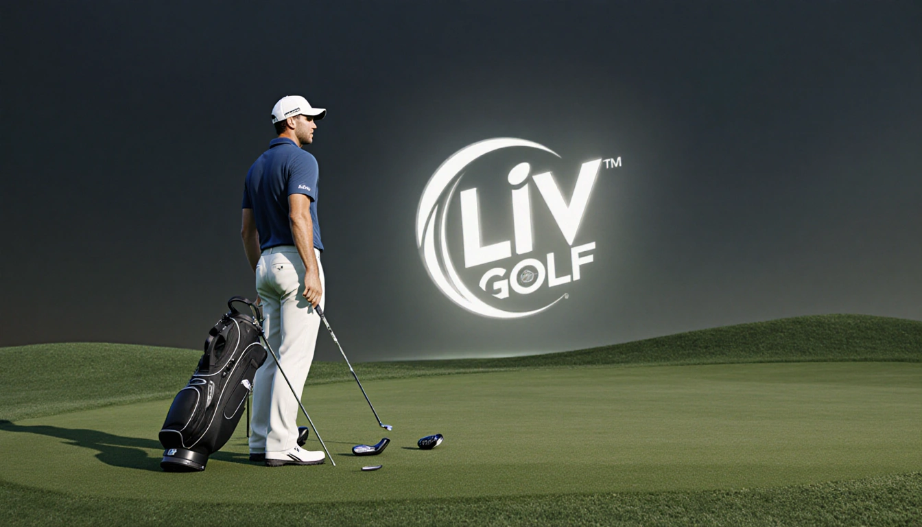 Brooks Koepka standing on a golf course looking back at distant LIV Golf logo reflective expression and scattered clubs