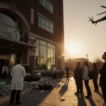 Emergency responders cover bodies near Brown University Barus building with shattered glass and police helicopter overhead.