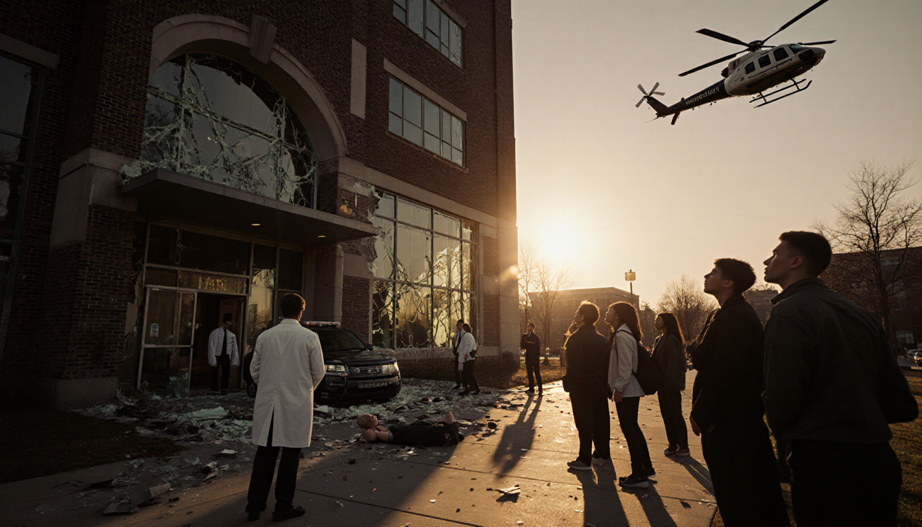 Emergency responders cover bodies near Brown University Barus building with shattered glass and police helicopter overhead.