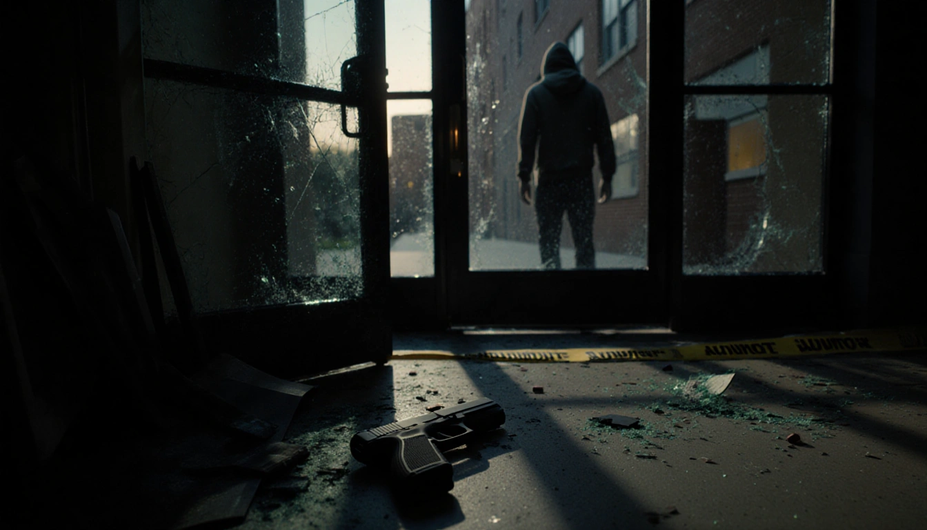 Abandoned handgun lies on floor at dimly lit Brown University engineering entrance with police tape and shattered glass