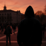 Lone hoodie figure gazing down corridor with students fleeing and Brown University campus silhouetted at dusk