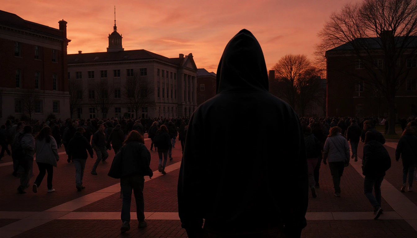 Lone hoodie figure gazing down corridor with students fleeing and Brown University campus silhouetted at dusk