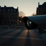 Security camera reflects police flashlights on a deserted Brown University quad with dusk shadows and brick buildings