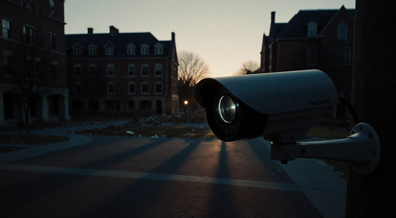 Security camera reflects police flashlights on a deserted Brown University quad with dusk shadows and brick buildings
