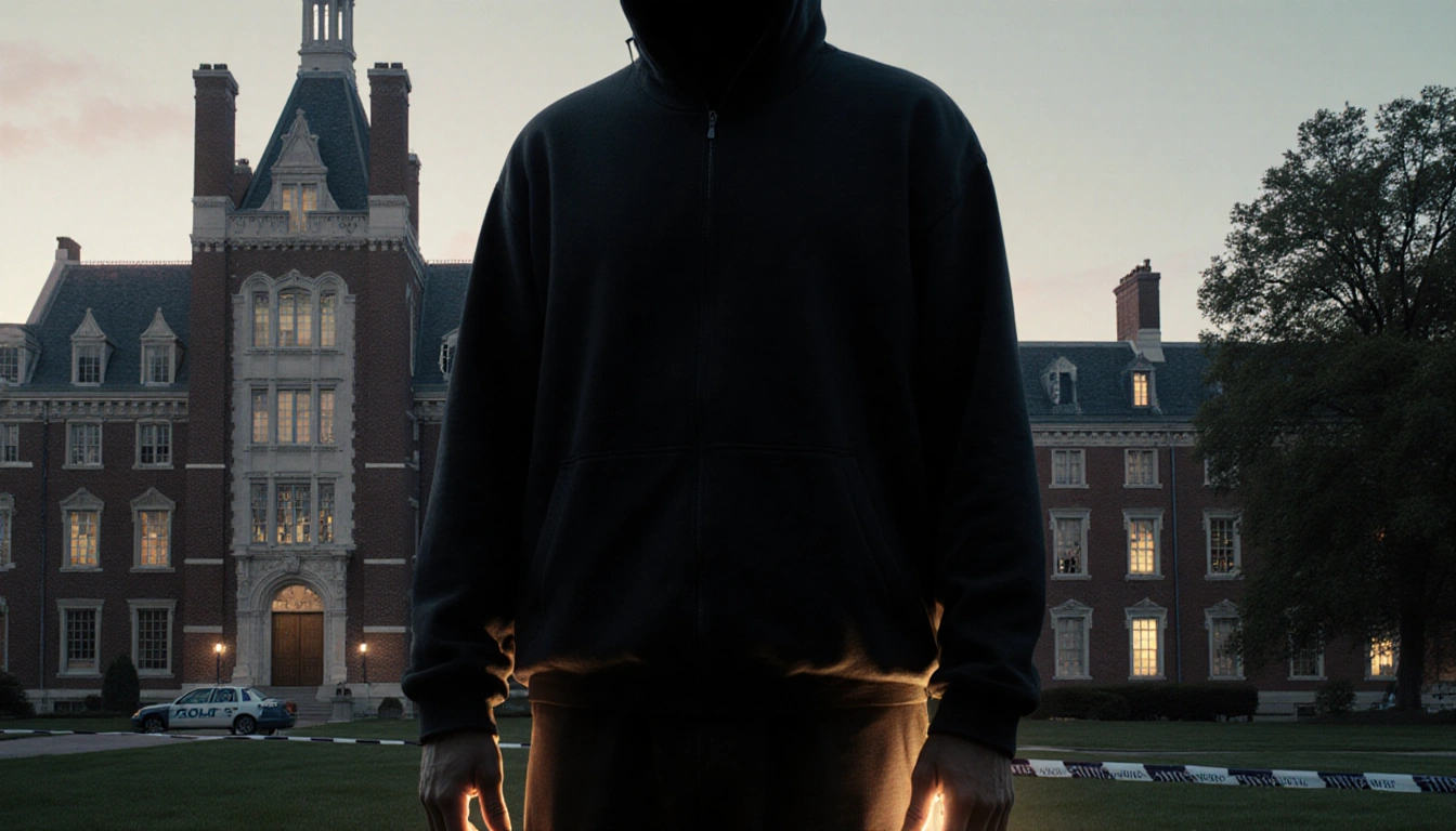 Lone suspect standing under shadow of Brown University building with dusk light and police tape.
