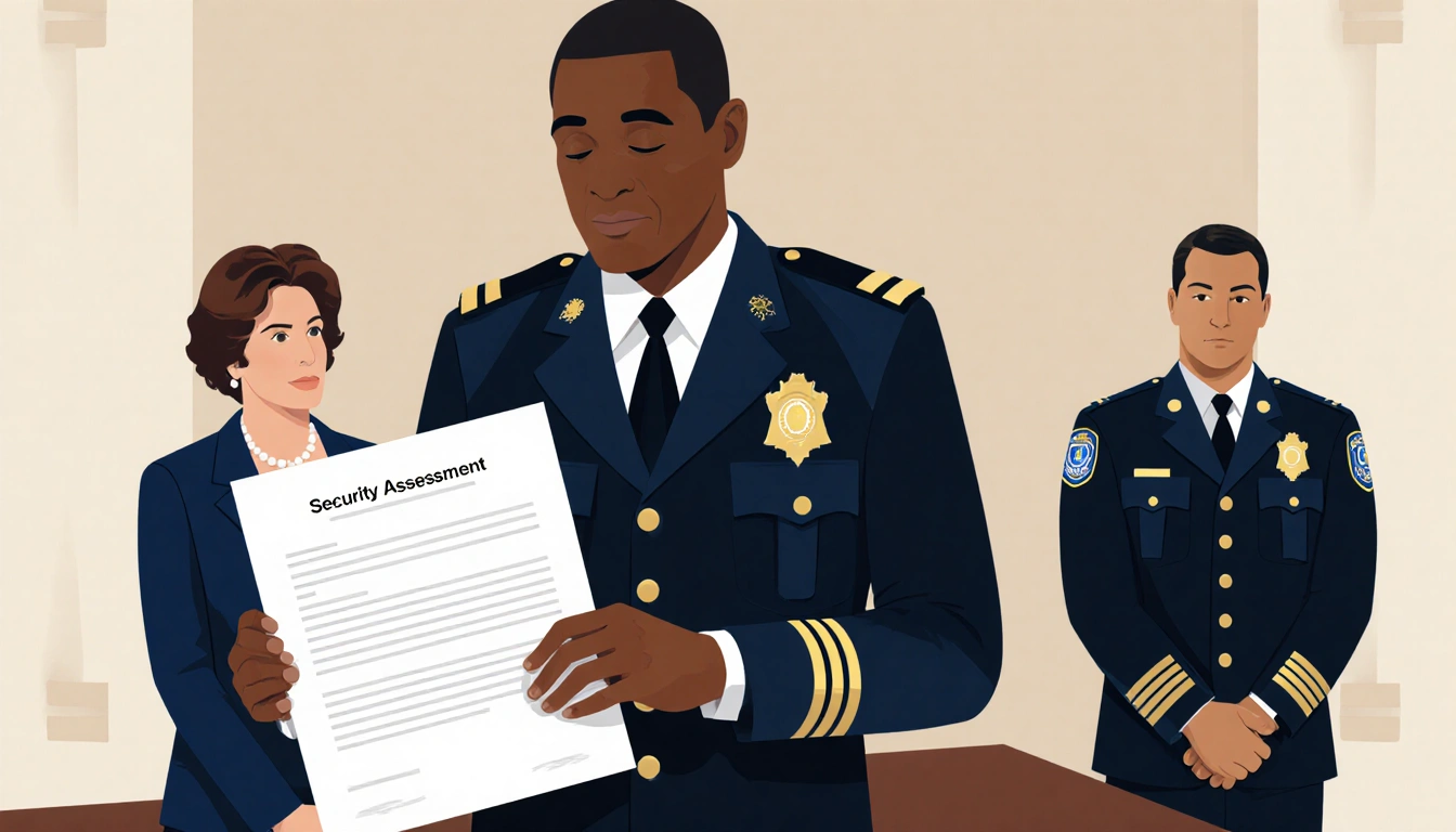 Brown University police chief stepping down with letter and security report in foreground while Hugh Clements stands beside P