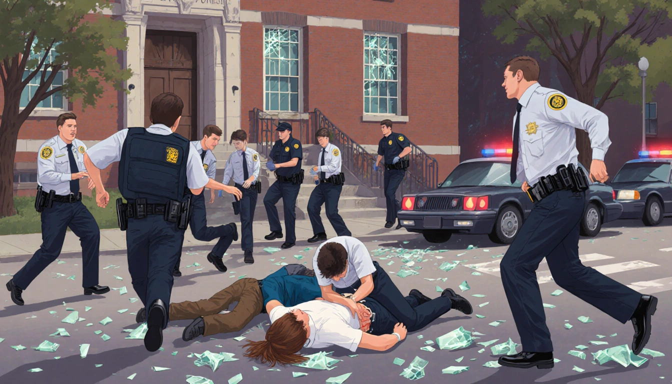 Campus security rushing as part of emergency response with police sirens and medical aid for wounded students amid broken gla