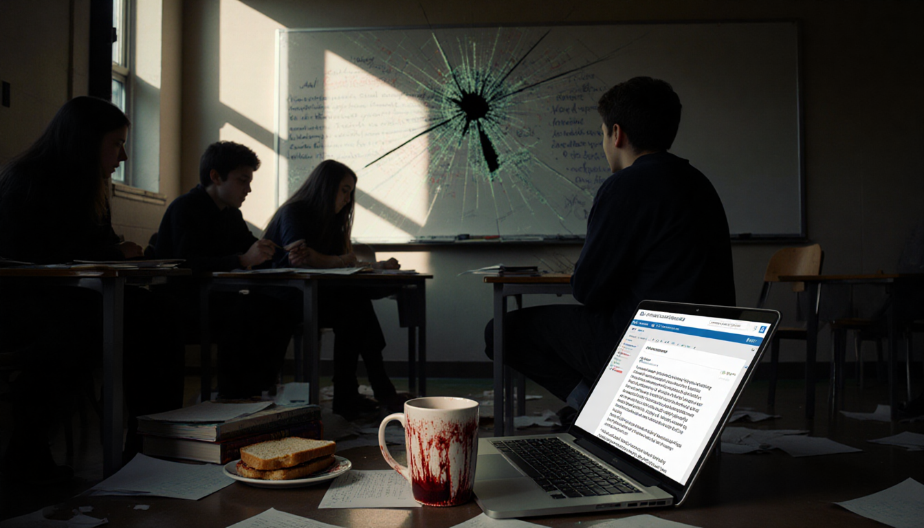 Seated student sits with bloodstained coffee cup on its side and bullet hole in whiteboard