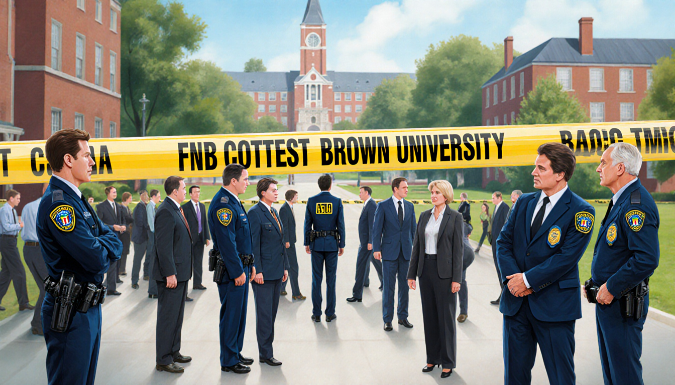 FBI and ATF officers coordinate around a police tape marked scene with Brown University campus blurred in background