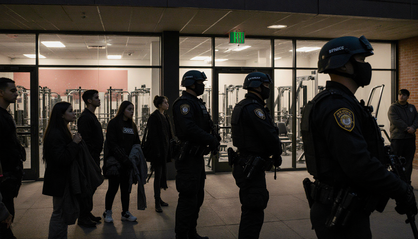 Police officers line Brown University students escorted out and a fitness center visible in windows