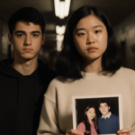 Brown University students holding a photo in a dim hallway with flickering lights and soft warm glow.