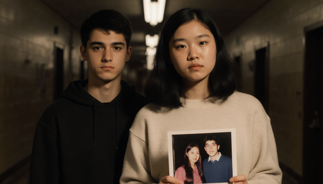Brown University students holding a photo in a dim hallway with flickering lights and soft warm glow.
