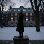 Eva Erickson standing on stone step with snow-covered quad and Brown University buildings behind