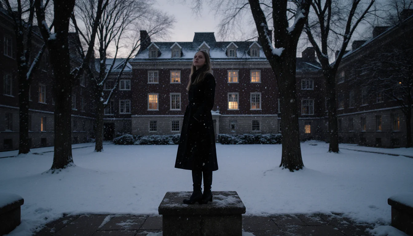 Eva Erickson standing on stone step with snow-covered quad and Brown University buildings behind