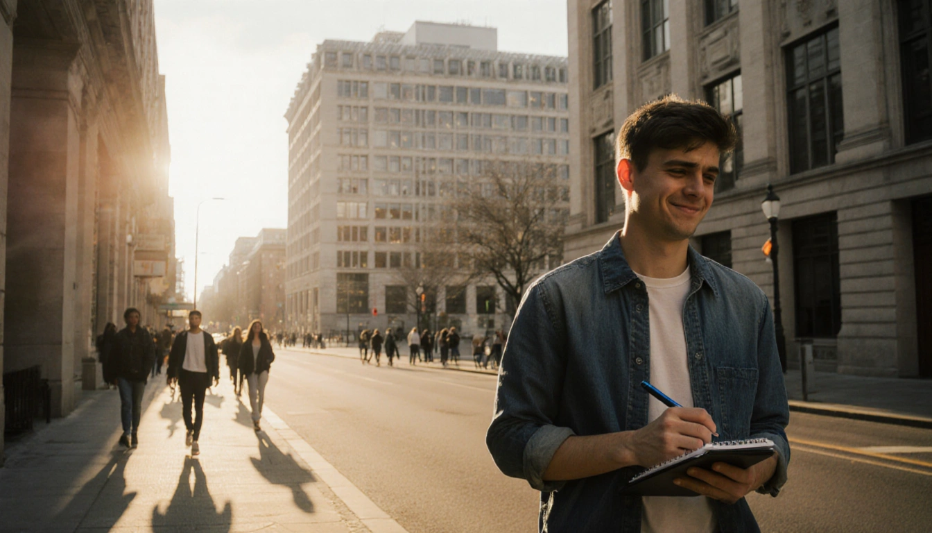 Young man walking down Providence sidewalk with Brown University building and golden light in background