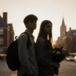Two Brown University students standing together with a backpack and bouquet of flowers against a campus backdrop.