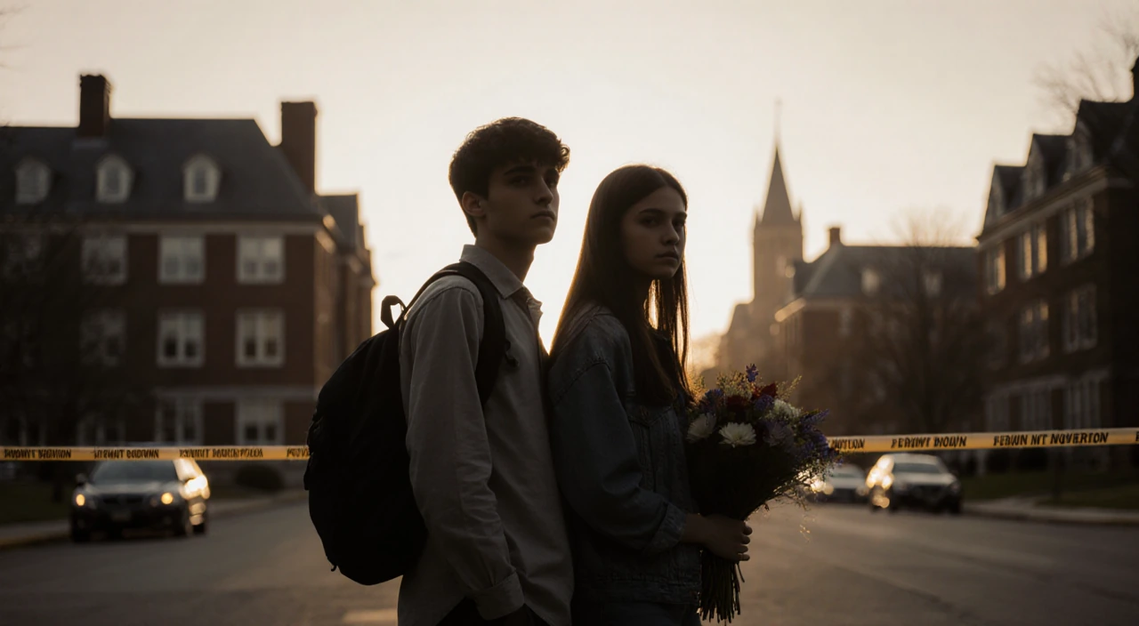 Two Brown University students standing together with a backpack and bouquet of flowers against a campus backdrop.
