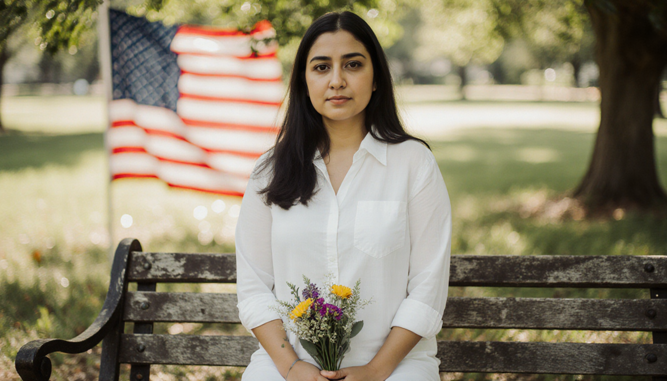 Bruna Ferreira a Brazilian woman standing on wooden bench with American flag behind her and bouquet on lap