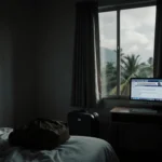Unmade bed in hotel room with suitcase and desk shows computer screen amid natural light long shadows and stormy sky outside.