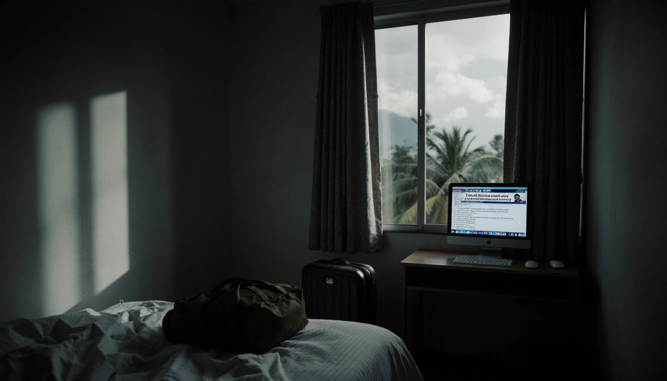 Unmade bed in hotel room with suitcase and desk shows computer screen amid natural light long shadows and stormy sky outside.
