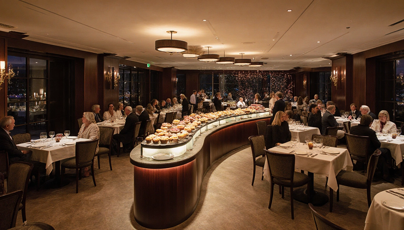 Guests chatting around buffet table with warm lighting and dessert display