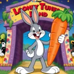 Bugs Bunny stands triumphantly at Looney Tunes Land entrance holding a carrot with theme park backdrop character silhouettes.