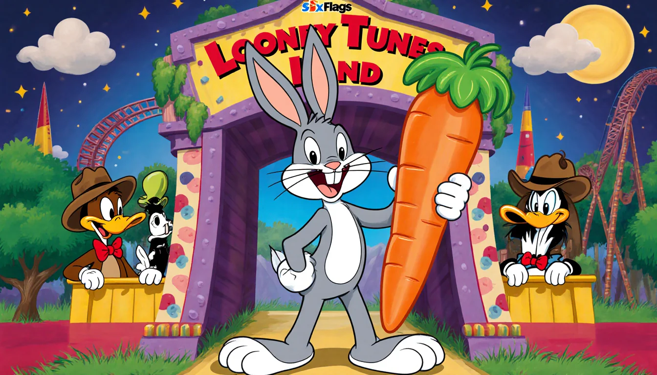 Bugs Bunny stands triumphantly at Looney Tunes Land entrance holding a carrot with theme park backdrop character silhouettes.