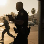 Burbank police officer standing behind barricaded glass storefront with suspect running with gun nearby