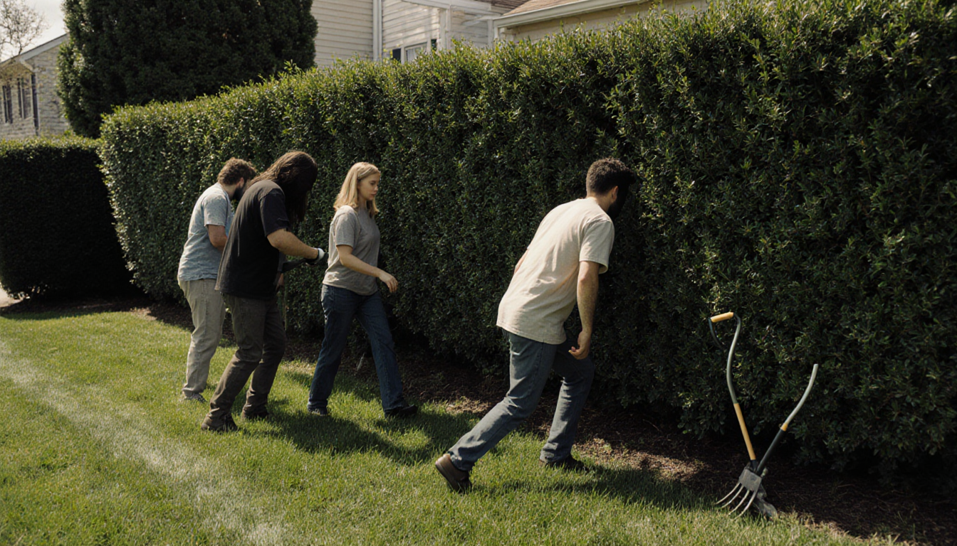 Four casual‑clad intruders moving stealthily through tall hedges with garden tools nearby on a residential lawn