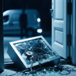 Shattered silver safe illuminated by spotlight with broken glass and tangled wires while a shocked homeowner silhouette watch