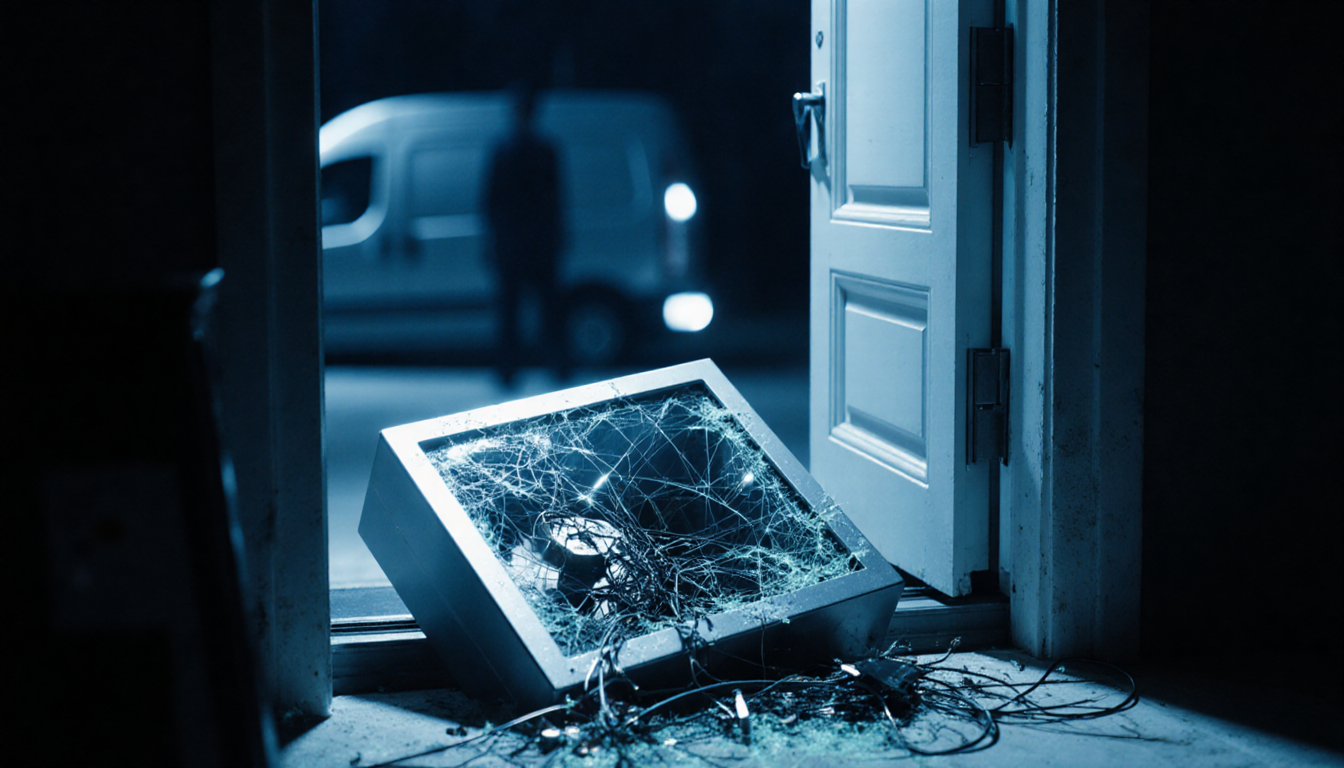 Shattered silver safe illuminated by spotlight with broken glass and tangled wires while a shocked homeowner silhouette watch