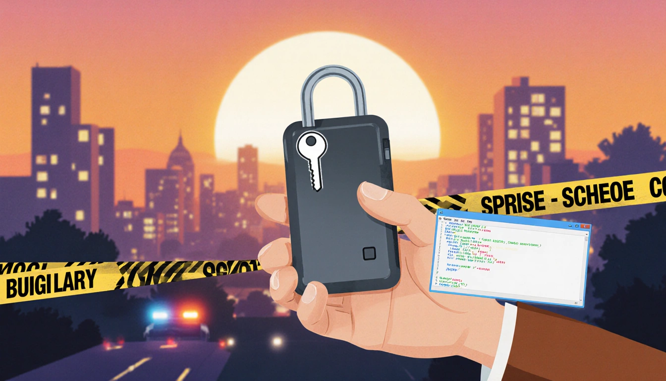 Person holding sleek device with key-shaped lock and crime scene tape against California sunset cityscape