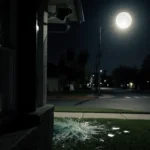Security camera overlooking Los Angeles street with porch light glow and broken window shards scattered suggesting burglary.
