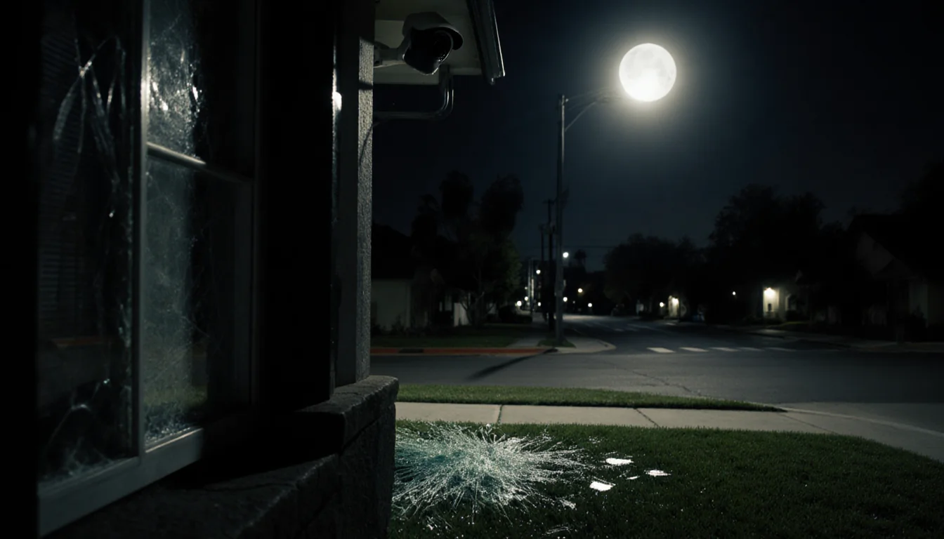 Security camera overlooking Los Angeles street with porch light glow and broken window shards scattered suggesting burglary.