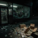 Storefront shatters during burglary with glass and cameras trading cards scattered and cash registers open long shadows fall
