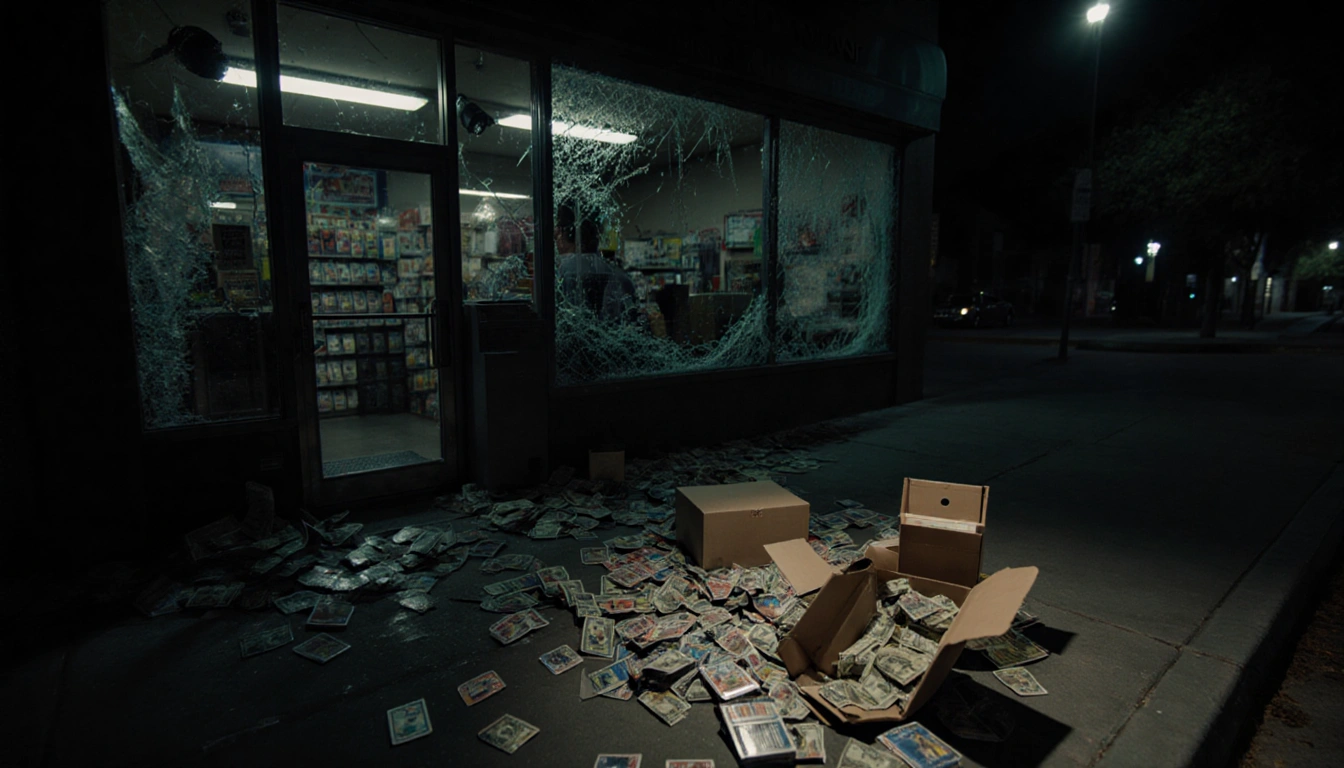 Storefront shatters during burglary with glass and cameras trading cards scattered and cash registers open long shadows fall