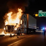 Burning semi-truck blazing with flames and shattered glass while police lights illuminate the wreckage