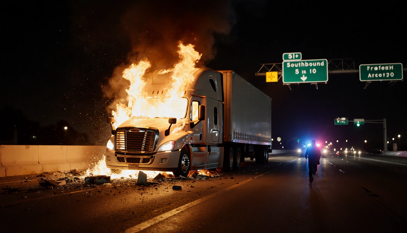 Burning semi-truck blazing with flames and shattered glass while police lights illuminate the wreckage